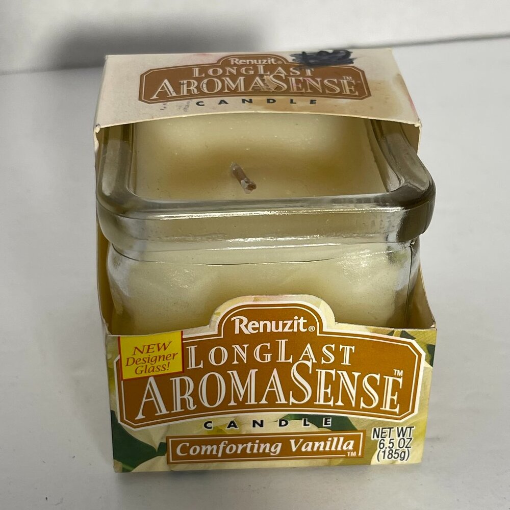 Vtg 90s Renuzit LongLast AromaSense Comforting Vanilla Square Glass Candle 6.5oz